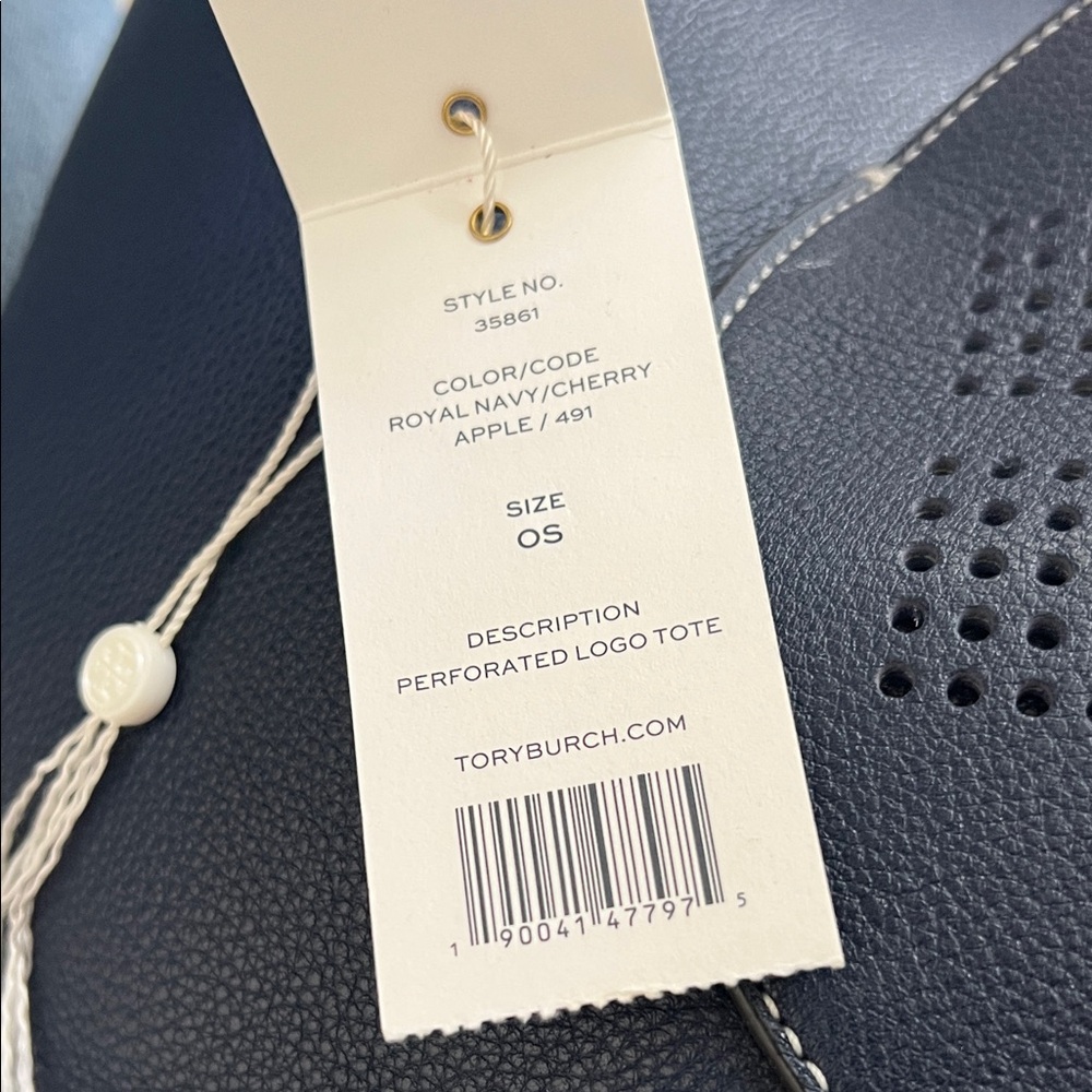 NWOT. Tory Burch Perforated Logo Tote Royal Navy and Cherry Apple Tote Bag - Picture 7 of 7